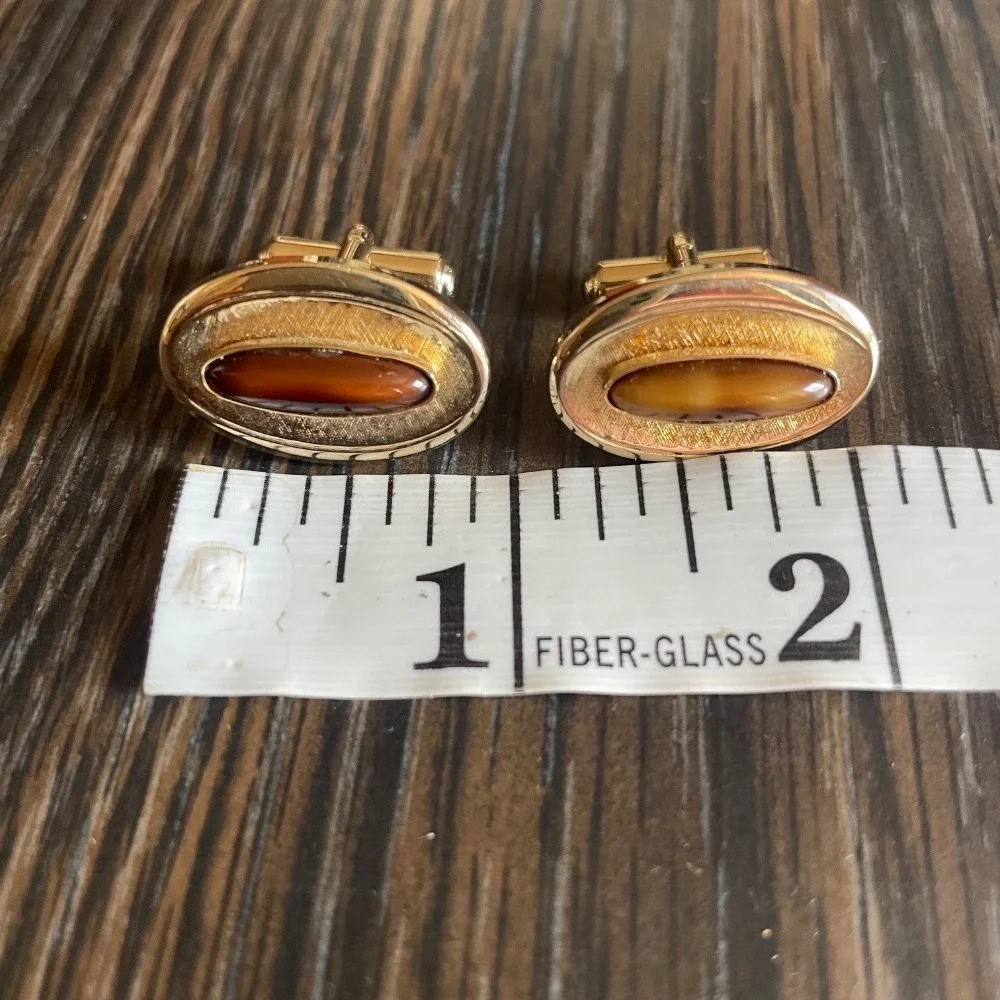 Vintage Gold Tone Cufflinks‎ Oval Tiger Eye Stone Elegant Mens Jewelry